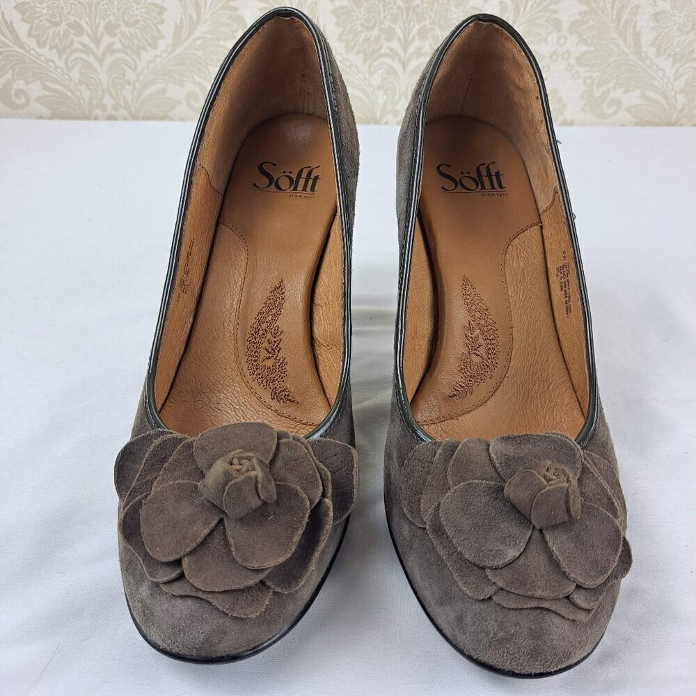 Sofft Size 8W Fiorella Gray Suede Leather Heels Flower on Front Round Toe NWOT